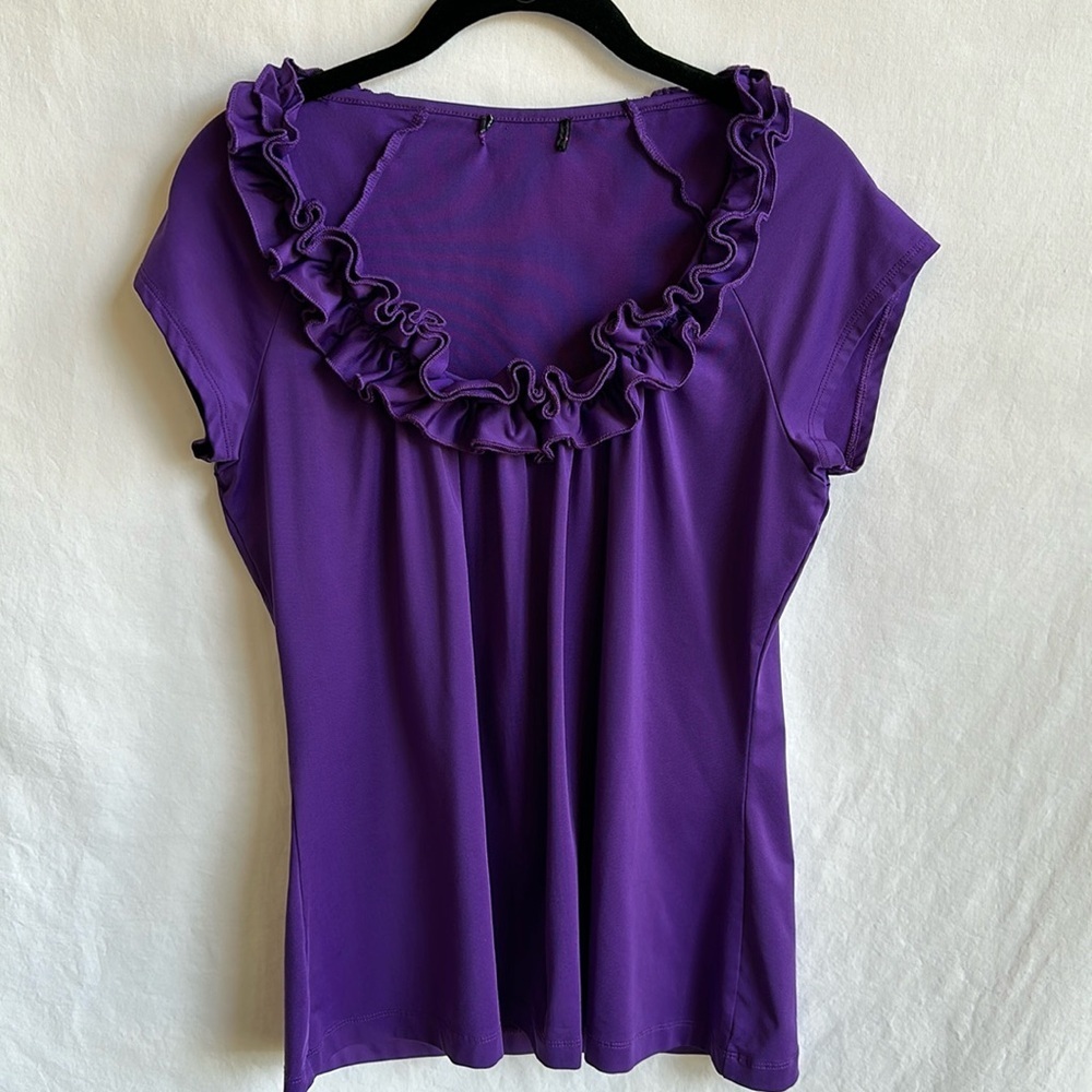 Pretty ruffle neckline purple top, size L
